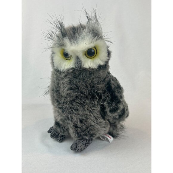Realistic Aurora Great Horned Owl Plush Toy Yellow Eyes Fluffy Faux Fur Gray Whi - Picture 1 of 10